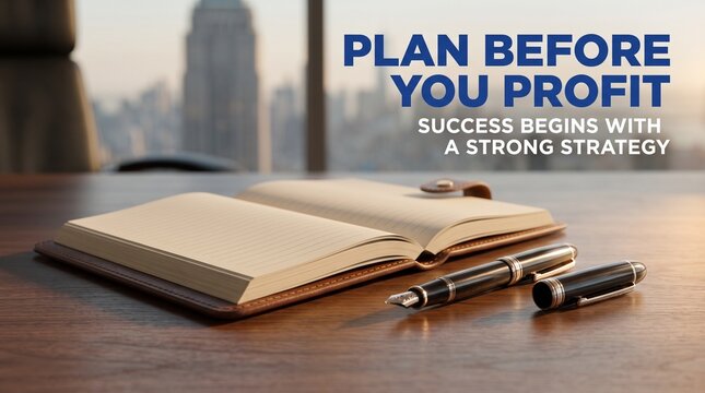 Open notebook and fountain pen on executive desk overlooking city skyline for strategic business planning