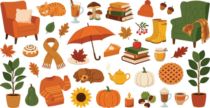 Large collection of cozy autumn season elements and warm hygge lifestyle items isolated on white background flat vector illustration set