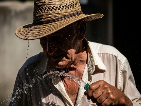 An elderly man in a straw hat cools off by spraying himself with a garden hose under harsh sunlight.