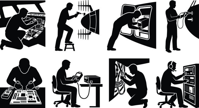 Avionics technician and aircraft engineer silhouettes set installing electronic hardware