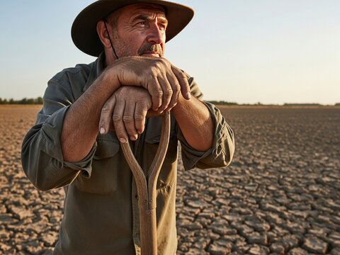 A weathered farmer leans on his shovel, gazing across a vast field of dry, cracked earth under a clear sky, reflecting a sense of concern during a severe drought.