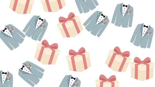 Multiple wedding tuxedo jackets and elegant birthday presents pattern design background. Suitable for invitations, event promotions, and celebration themes.