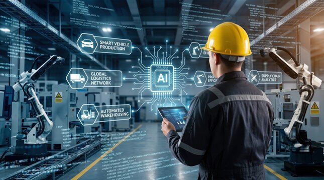 Engineer using tablet to control AI driven smart factory with robotic arms for automated vehicle production and global logistics network management.