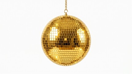 Obraz premium Golden disco ball hanging on white background with sparkling light reflections with suspended chain against entertainment celebration decoration