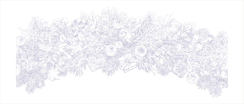 Christmas garland border with pine branches, gift boxes and ornaments, hand drawn sketch