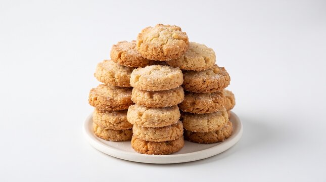 Golden baked butter cookies piled high on small ceramic plate with delicious homemade biscuit crunchy dessert baking pastry sweet treat with snack
