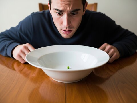 A young man staring in disbelief and disappointment at a single green pea sitting in the middle of a large, empty white bowl on a wooden table.