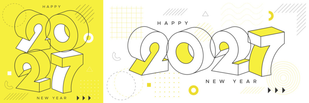 Modern Geometric 2027 New Year Isometric Typography with Minimal Line Art Vector