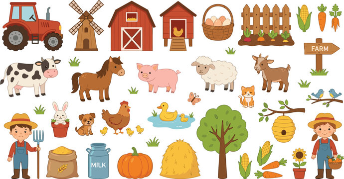 Large collection of cute farm animals characters farmers and agriculture elements isolated on white background flat vector illustration set