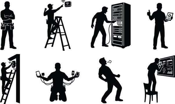 Network engineer and IT technician silhouettes set installing smart internet hardware