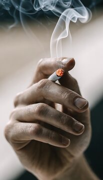 Hand holding a lit cigarette. Person smoking with visible rising smoke trail.