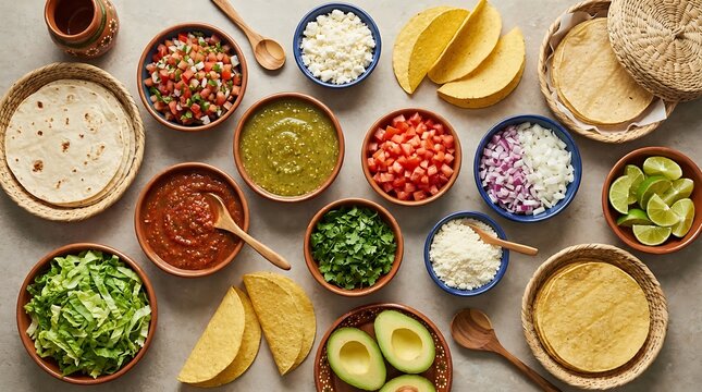 Top view of traditional mexican taco ingredients with tortillas and various fresh toppings on grey table. taco bar setup