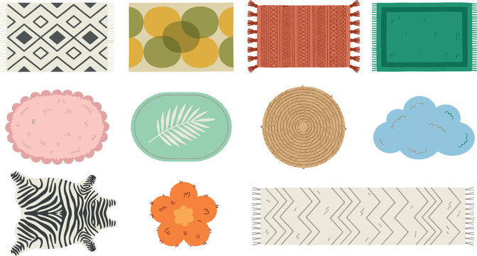 Modern interior rug and carpet vector collection with geometric patterns bohemian fringe shapes isolated on white background illustration