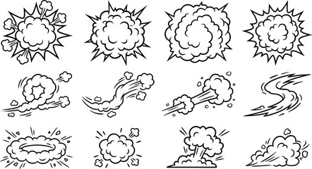 Comic book explosion and smoke cloud effect set outline vector illustration isolated on white background pop art design © Rashidul
