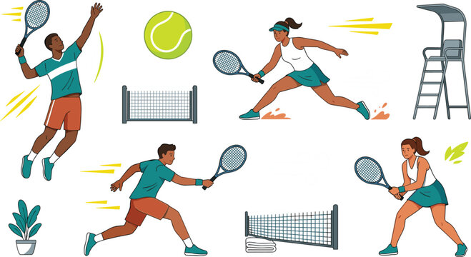 Professional Tennis Tournament Vector Icon Set Featuring Male and Female Players, Rackets, Balls, Net Elements, Referee Chair, and Dynamic Match Play Action Poses