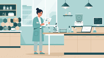 Fototapeta premium Female scientist reviewing research data in modern laboratory