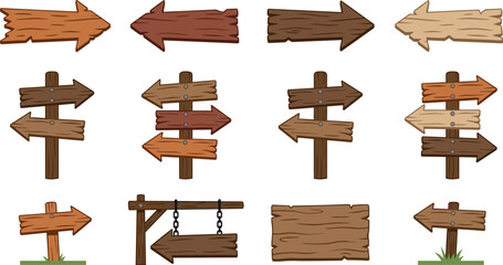 Wooden signpost vector set featuring rustic arrow signs blank road directional boards suspended planks and billboard guideposts isolated, © Rashidul