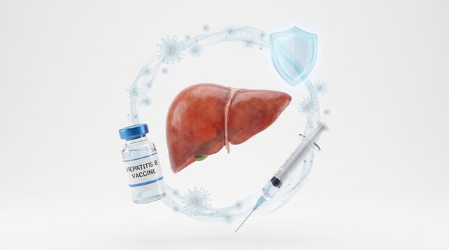 Human Liver Protection Conceptual Illustration with Vaccine Vial and Medical Syringe for Hepatitis B Prevention