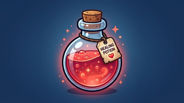 Magic Healing Potion: A vibrant red healing potion in a glass bottle, adorned with a small tag labeled Healing Potion and glowing with magical energy, ready to restore vitality.