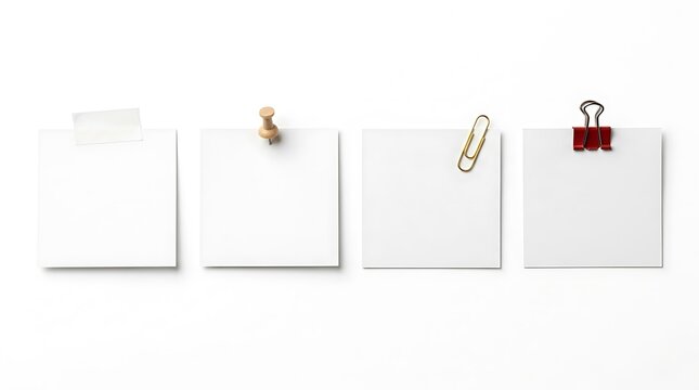 Four blank square paper notes with tape push pin paperclip and binder clip for office messages
