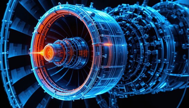 Jet engine turbine close up. Futuristic aircraft propulsion system with glowing blue light.
