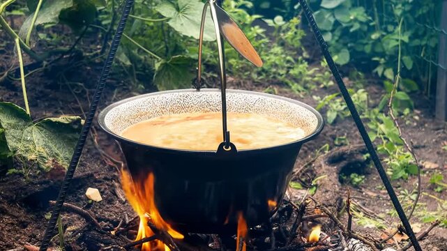 Cooking traditional Hungarian goulash soup in a cauldron outdoors