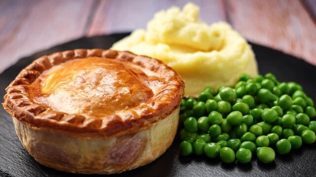 Traditional British pie served on a slate plate with potato mash and peas