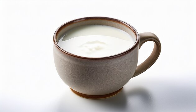 Ceramic Mug Half Full Of Fresh White Milk Viewed From Angle With Smooth Surface And Clean Design Isolated On White Background