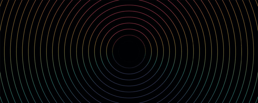 Neon Concentric Circle Background with Colorful Gradient Rings on Black