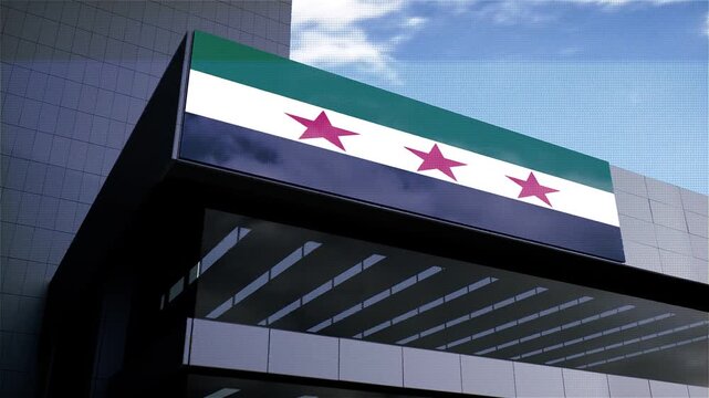 Syria Flag on Building with Sky in Background
