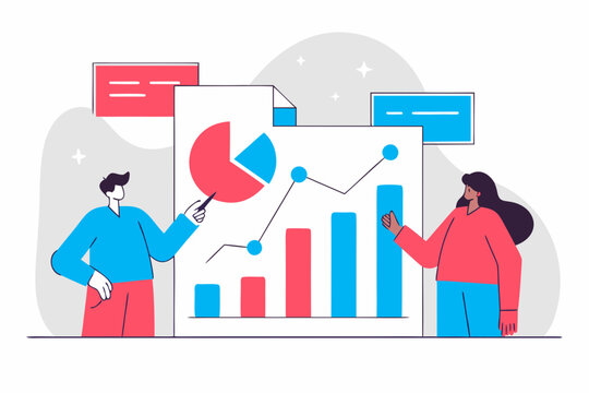 Business team analyzing data charts and graphs on computer