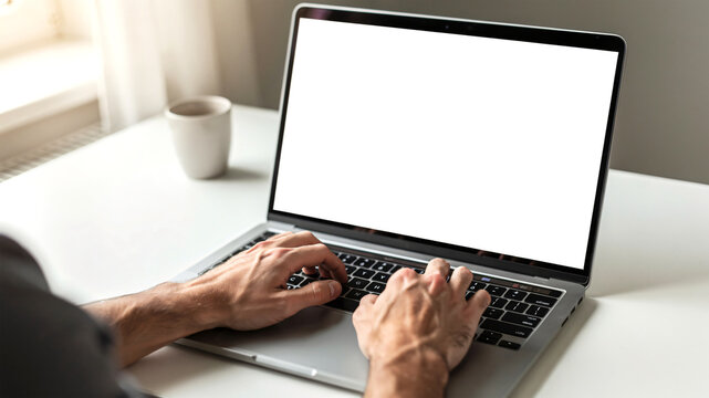 Close-up of male hands using a laptop with a blank white screen mockup, perfect for adding custom design or text. Focus on keyboard and hands in natural working position.