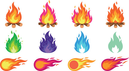 Cartoon fire vector set with classic bonfires colorful magical flames fireball comets and glowing embers isolated design elements, © Rashidul