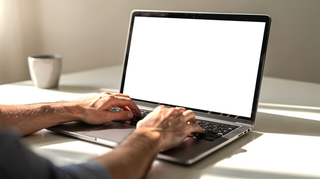 Close-up of male hands using a laptop with a blank white screen mockup, perfect for adding custom design or text. Focus on keyboard and hands in natural working position.