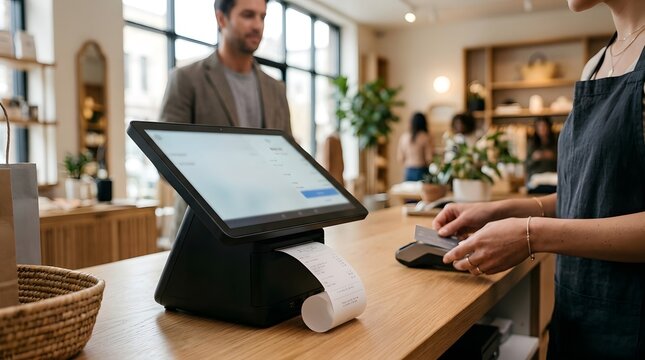 Retail cashier using modern point of sale system in boutique store