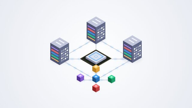Isometric Illustration of Decentralized Network Server Nodes Connected to Centralized Data Processing Hub and Distributed Digital Blocks