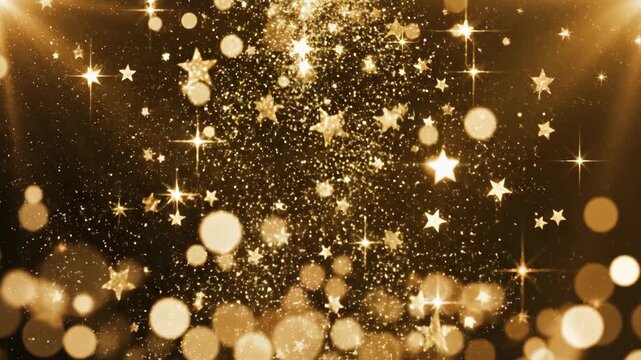Abstract Dark Luxury Gold Background with Falling Glittering Stars and Glowing Bokeh Lights