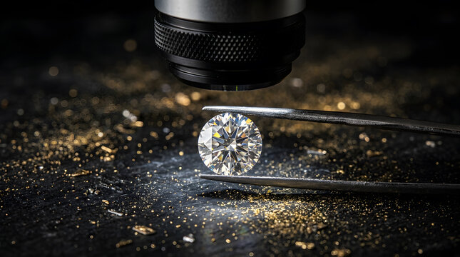 Diamond inspection under microscope | High quality brilliant cut gemstone | Jewelry appraisal and authentication process | Macro shot of sparkling diamond in tweezers