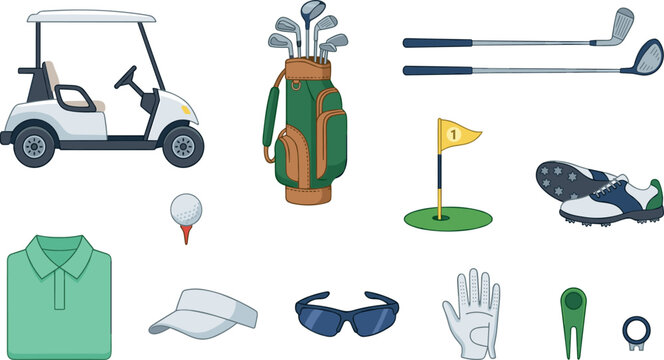 Golf equipment icon set with cart bag clubs ball tee glove shoe visor polo shirt flag and sunglasses vector,