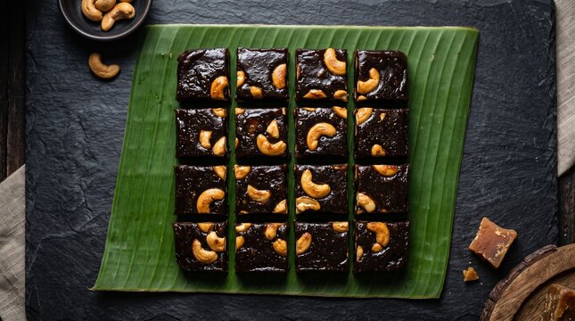 Traditional Sri Lankan kalu dodol fudge pieces on banana leaf