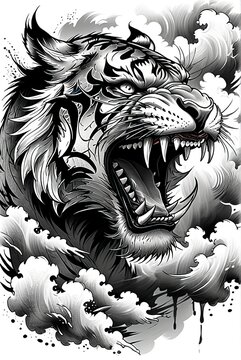 A sketch for an aggressive tiger tattoo. Japanese tattoo style, smoke and water. Monochrome color scheme, high detail. Tattoo art style, graphics.
