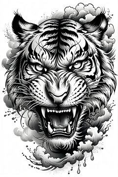 A sketch for an aggressive tiger tattoo. Japanese tattoo style, smoke and water. Monochrome color scheme, high detail. Tattoo art style, graphics.