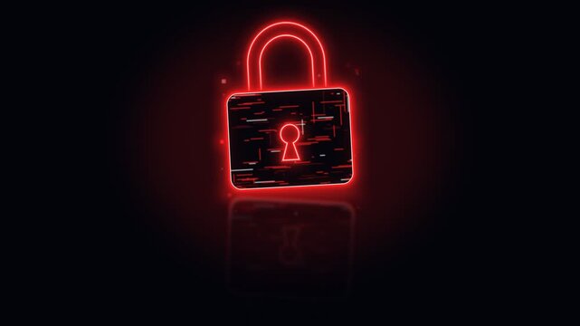 Red glowing neon padlock icon on black background representing digital cyber security, data privacy, and safety protection