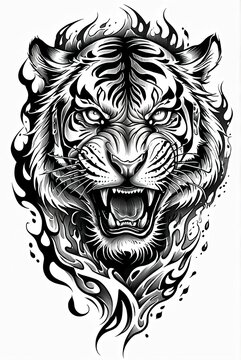 A sketch for an aggressive tiger tattoo. Japanese tattoo style, smoke and water. Monochrome color scheme, high detail.  Tattoo art style, graphics.