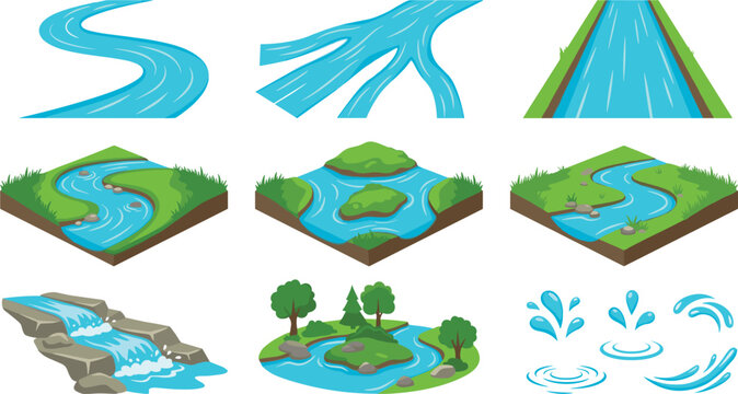 Isometric river icons map constructor set with winding water streams rapids waterfalls splashes and green banks landscape design vector,