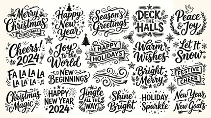 Vintage Christmas Lettering Set, Hand Drawn Holiday Quotes and New Year 2024 Typography, Festive Black Ink Calligraphy Vector Collection © DesignAura