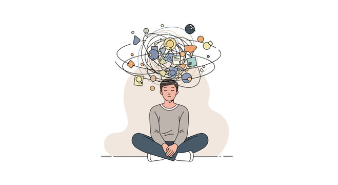 Person meditating with swirling thoughts and ideas above head