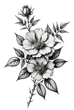 A sketch for a rosehip flower tattoo, a wild rose with buds and leaves. Detailed veins, thorns on the stem. The style of engraving, ink.