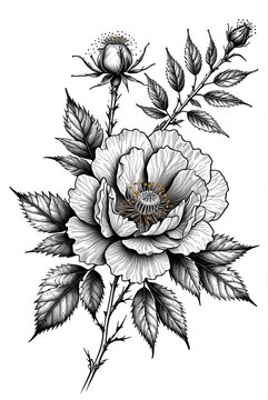 A sketch for a rosehip flower tattoo, a wild rose with buds and leaves. Detailed veins, thorns on the stem. The style of engraving, ink.