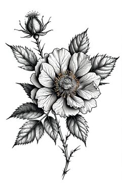 A sketch for a rosehip flower tattoo, a wild rose with buds and leaves. Detailed veins, thorns on the stem. The style of engraving, ink.